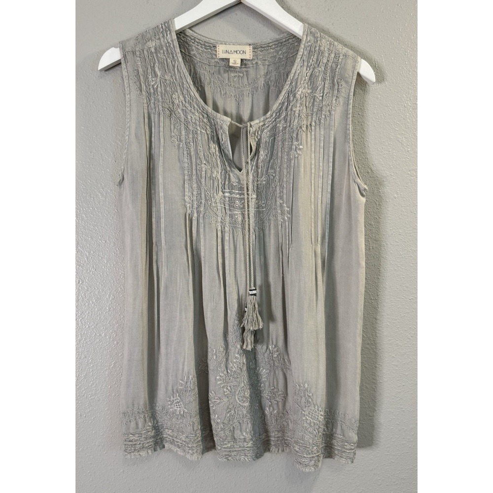 Luna Moon Boho Festival Hippie Embroidered Pintuck Tassel‎ Peasant Tank Top S